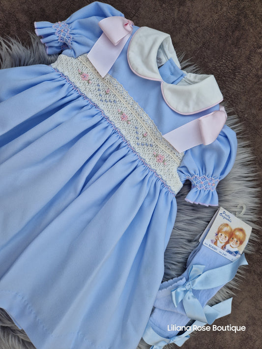 Exclusive Cinderella Blue and Pink Hand Smocked Dress Set