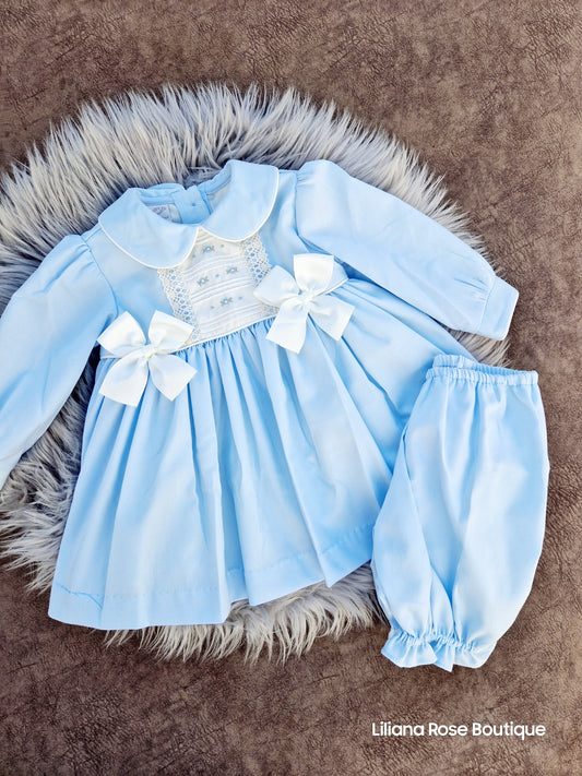 Girls Baby Blue Hand Embroidered Dress Set