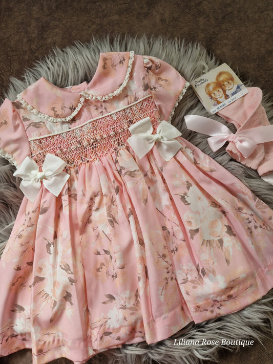 Girls Pink Floral Peony Silk Hand Smocked Dress Set
