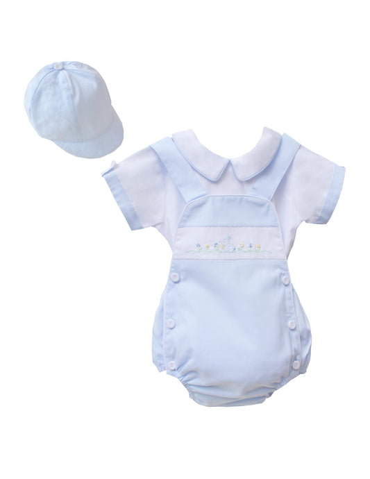 Boys blue bunny embroidered romper set