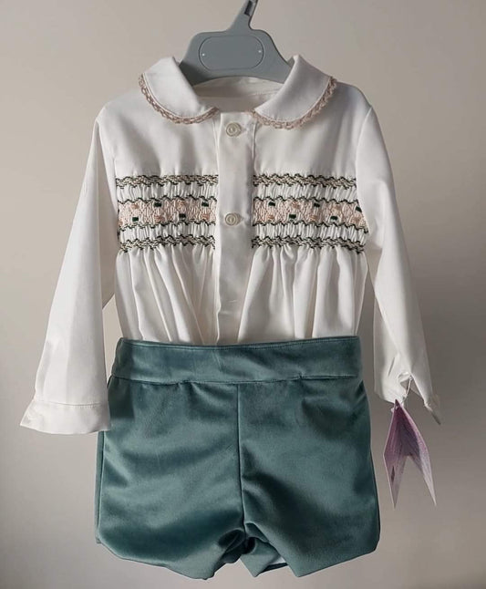 Teal Boys Hand Smocked Shirt And Shorts Set AW23 IN STOCK