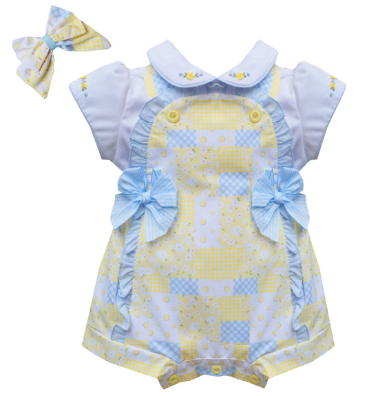 Girls yellow print romper and blouse set