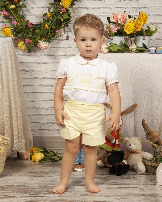 Pale Yellow Boys Handsmocked Shorts Set -  in stock 12m
