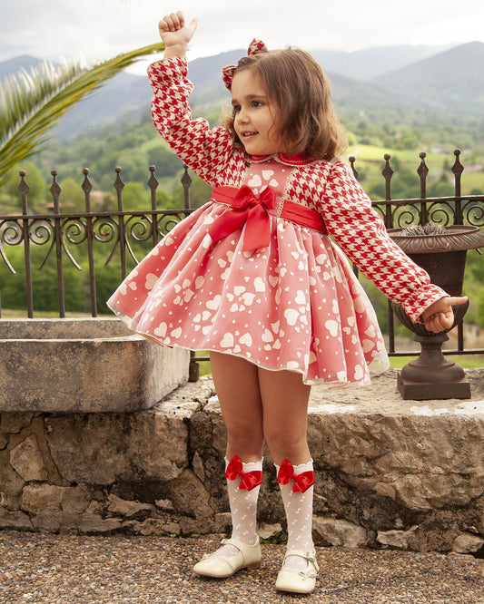 Sonata Red Dog Tooth Heart Puffball Dress - AW23 IN STOCK 3Y / 18m