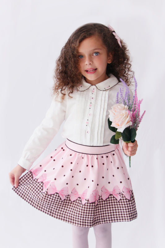 Pink And Brown Bow Satin Skirt And Blouse Set