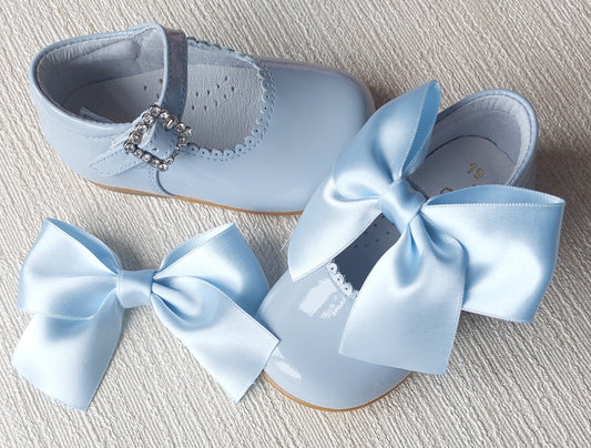 Pretty Originals Patent Blue Diamonte Buckle Bow Mary Jane Shoes