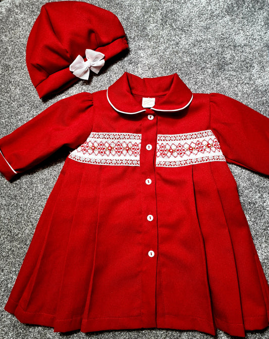 Red Hand Smocked Coat And Beret Set