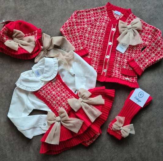 Rahigo RED Blouse Skirt Cardigan and Bonnet Set