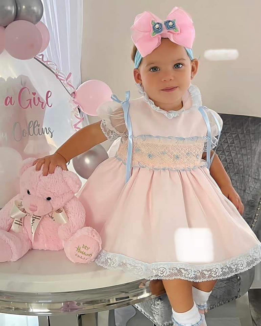 Exclusive Pastel Pink & Sky Blue Hand Smocked Dress - IN STOCK