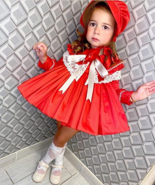 Ela Traditional Red Dress, Knickers and Bonnet - 12m