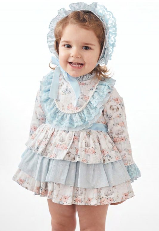 Ricittos Girls Handmade Blue Bunny Baby Style Dress, Knickers & Bonnet - AW23