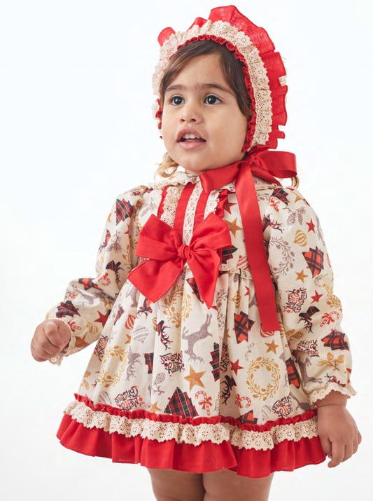 Ricittos Baby Girls Christmas Dress & Bonnet - AW23